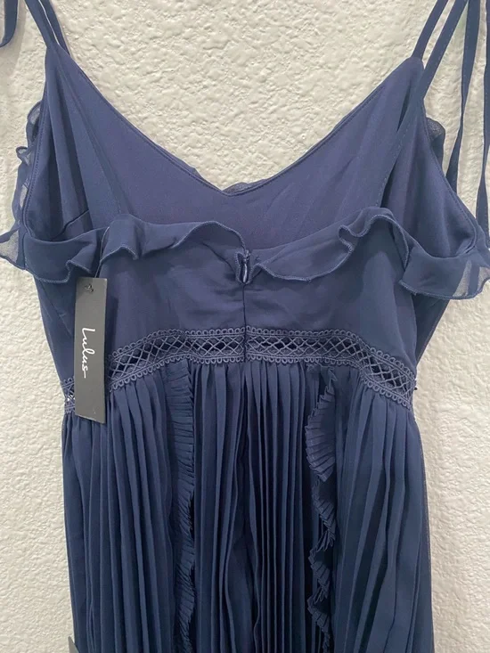 Lulus Dress Never A Dull Moment Navy Tie-Strap Pleated Midi Women’s Size XS NWT - Picture 8 of 14